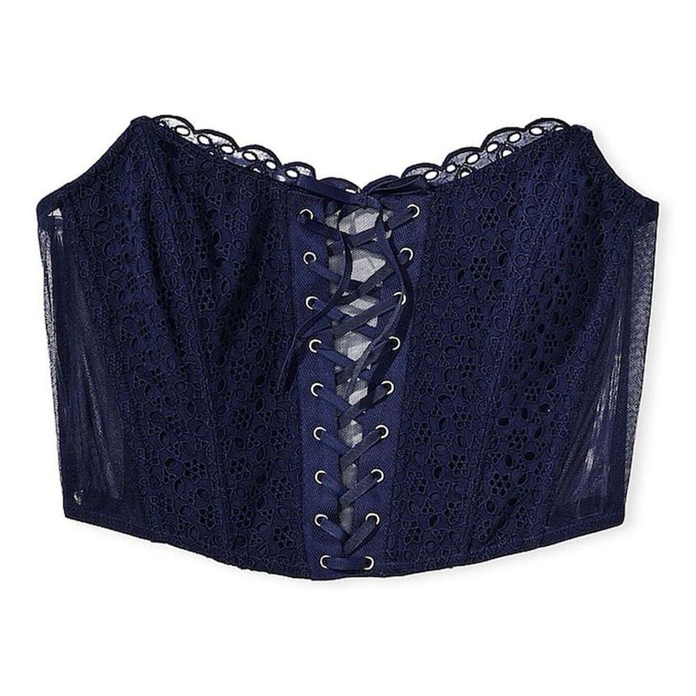 Victoria’s Secret Dream Angels Eyelet Lace Up Corset Bra Top Navy M DD NWT